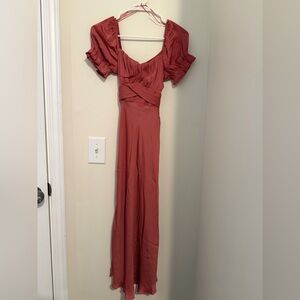 Trixxi Dusty Rose Silk Maxi Dress XS Puff Sleeve Elegant Formal